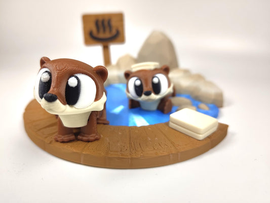 Otter Onsen 3D Printed Diorama - Articulated Otter Fidget Collectable  - River Otter Onsen Hot Springs - 3D Printed Otter and Onsen set