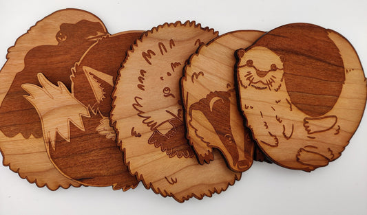 British Animal Coasters - Robin, Otter, Badger, Fox, Hedgehog - Cherry Wood Ply - Laser Cut and Engraved - Perfect For A Gift, Homeware