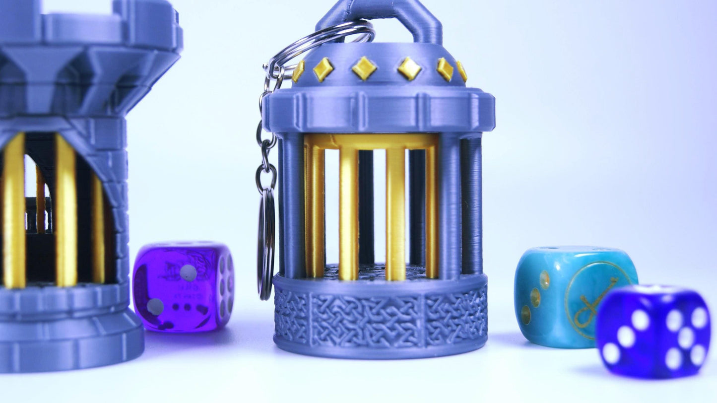 Mechanical Mini Dice Jail Keychain Dice Jail Keyring DnD Dice Jail ā Castle Dice Storage 3D Printed 2 Variants - Portable Dice Prison