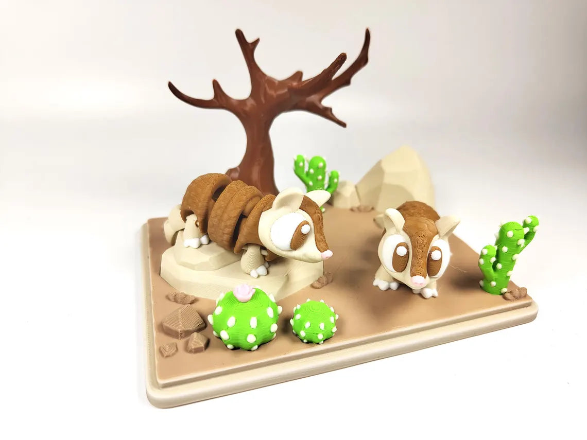 Armadillo Desert 3D Printed Diorama - Articulated Armadillo Fidget Collectable - Desert Diorama - Armadillo and Desert Play Set