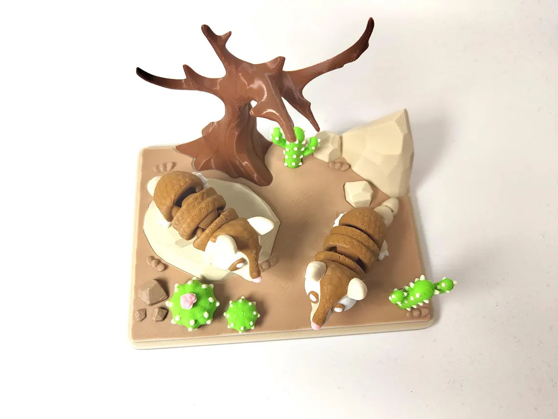 Armadillo Desert 3D Printed Diorama - Articulated Armadillo Fidget Collectable - Desert Diorama - Armadillo and Desert Play Set
