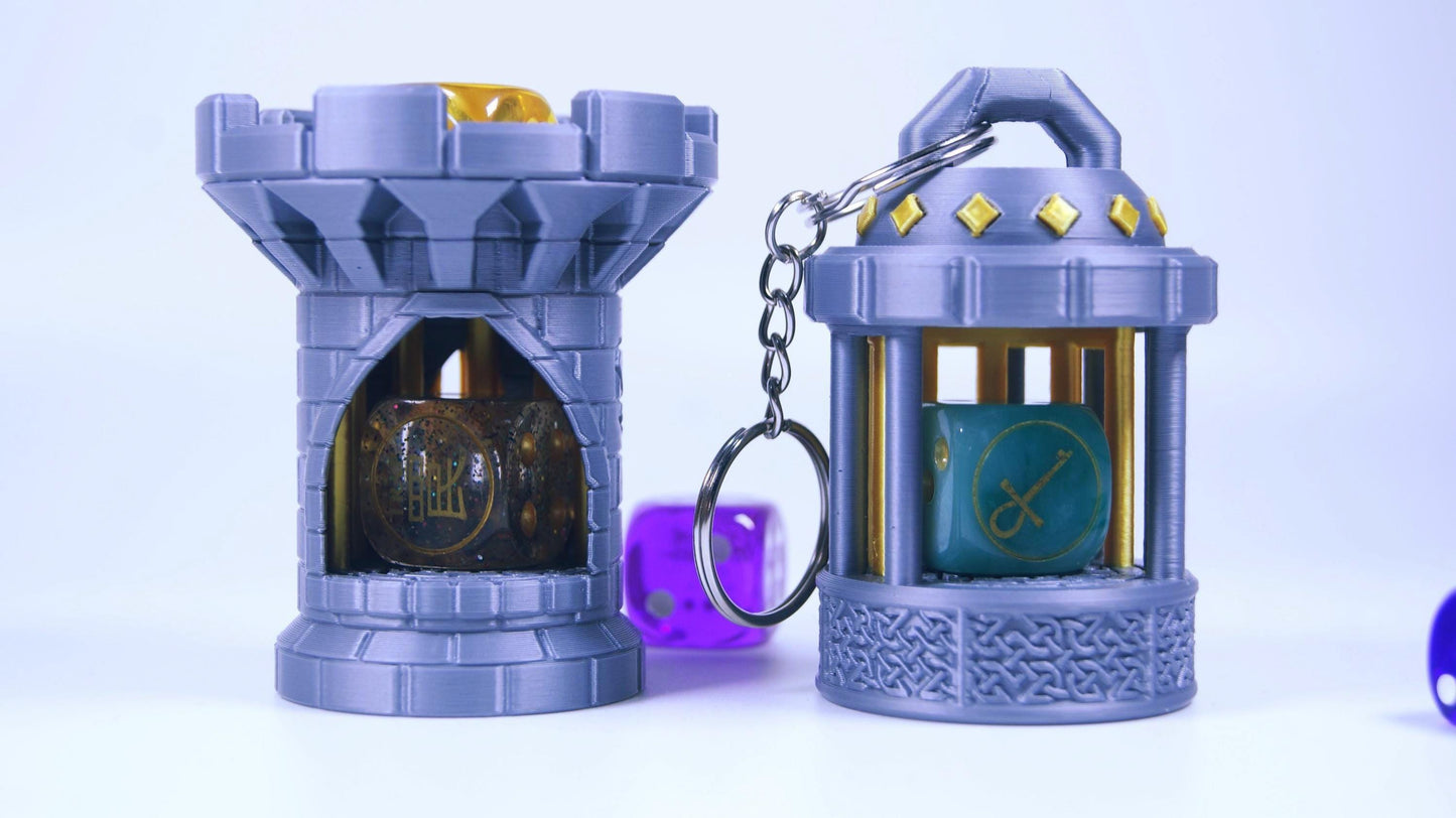 Mechanical Mini Dice Jail Keychain Dice Jail Keyring DnD Dice Jail – Castle Dice Storage 3D Printed 2 Variants - Portable Dice Prison