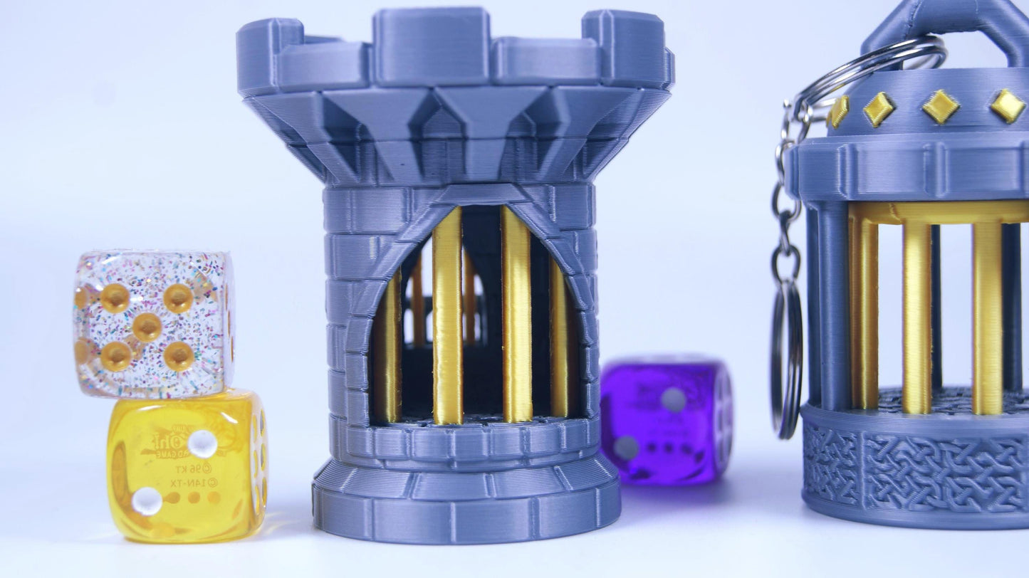 Mechanical Mini Dice Jail Keychain Dice Jail Keyring DnD Dice Jail – Castle Dice Storage 3D Printed 2 Variants - Portable Dice Prison