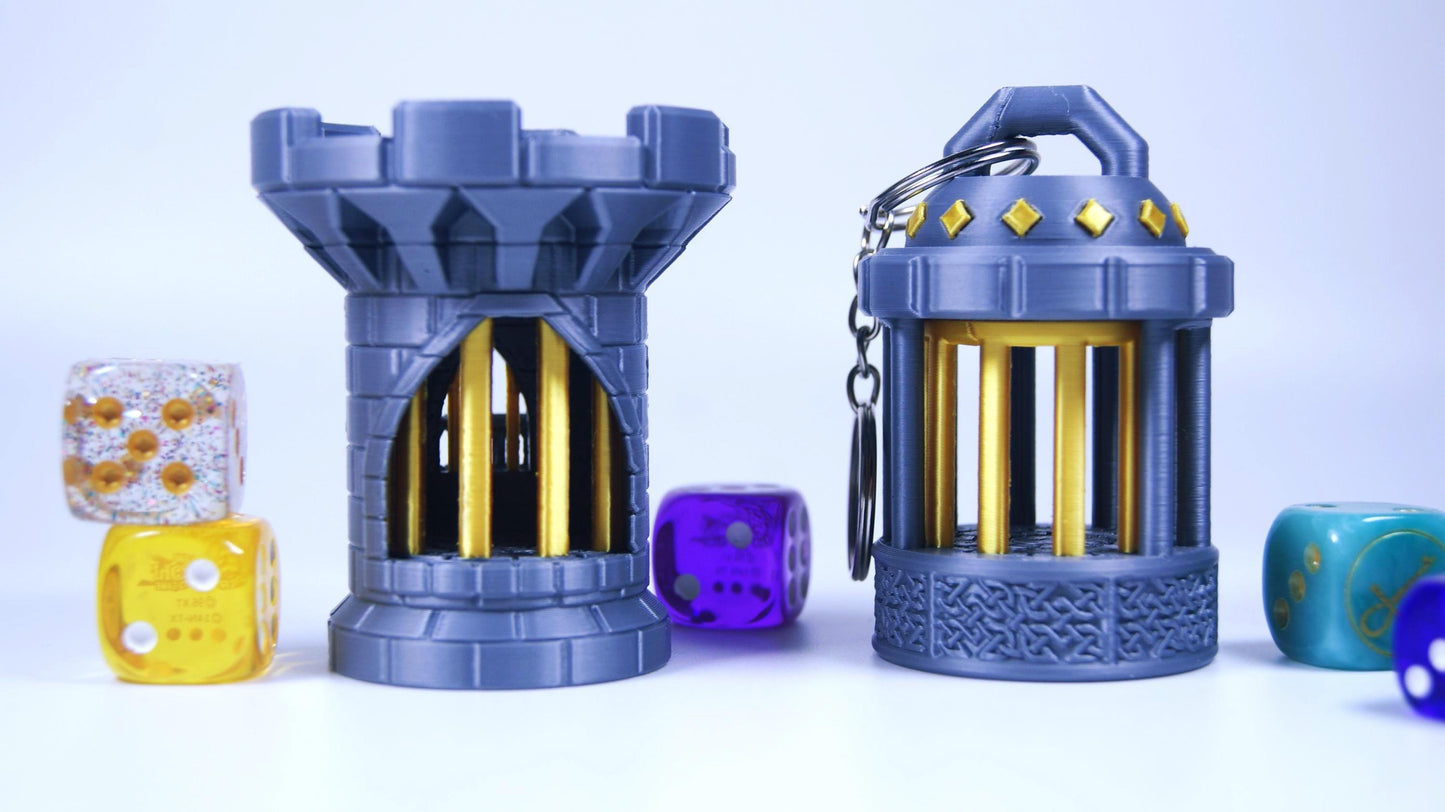 Mechanical Mini Dice Jail Keychain Dice Jail Keyring DnD Dice Jail – Castle Dice Storage 3D Printed 2 Variants - Portable Dice Prison