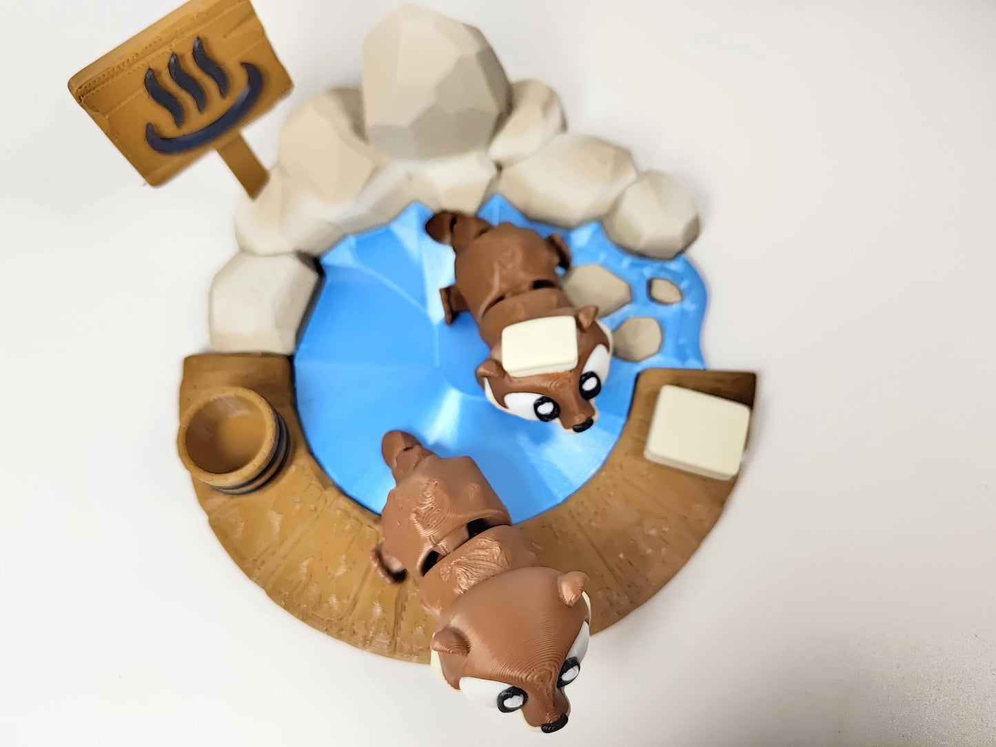 Otter Onsen 3D Printed Diorama - Articulated Otter Fidget Collectable  - River Otter Onsen Hot Springs - 3D Printed Otter and Onsen set