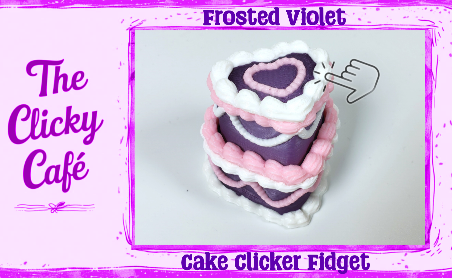 Frosted violet cake clicker fidget toy with 'The Clicky Café' branding on a white background.