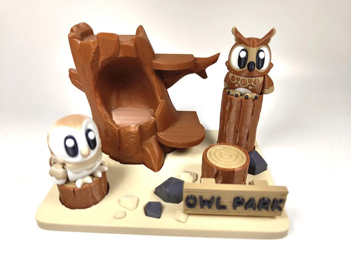 Owl Park 3D Printed Diorama - Articulated Owl Fidget Collectable  Barn Owl Great Horned Owl - 3D Printed Owl and Park set - Fidget Display