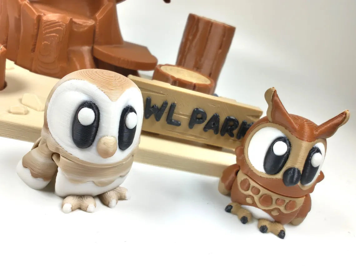 Owl Park 3D Printed Diorama - Articulated Owl Fidget Collectable  Barn Owl Great Horned Owl - 3D Printed Owl and Park set - Fidget Display