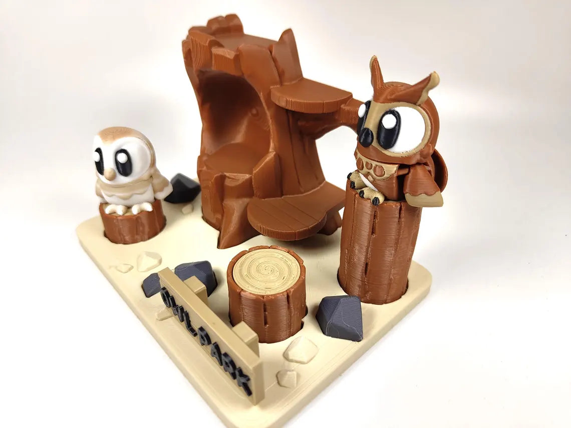 Owl Park 3D Printed Diorama - Articulated Owl Fidget Collectable  Barn Owl Great Horned Owl - 3D Printed Owl and Park set - Fidget Display