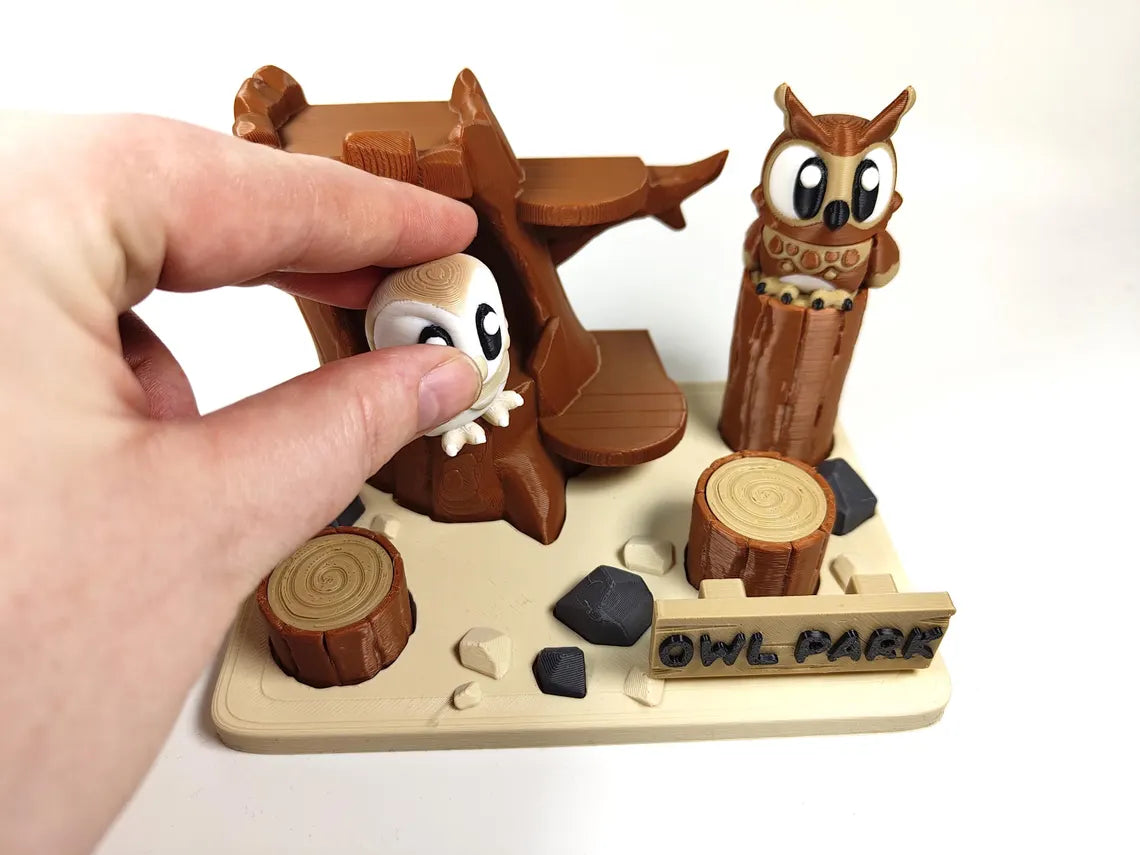 Owl Park 3D Printed Diorama - Articulated Owl Fidget Collectable  Barn Owl Great Horned Owl - 3D Printed Owl and Park set - Fidget Display